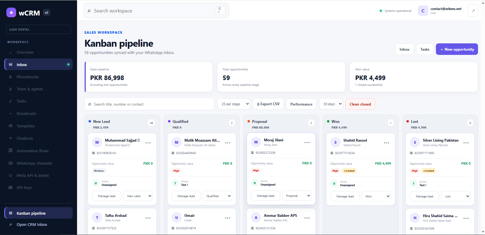 wCRM Kanban sales pipeline interface