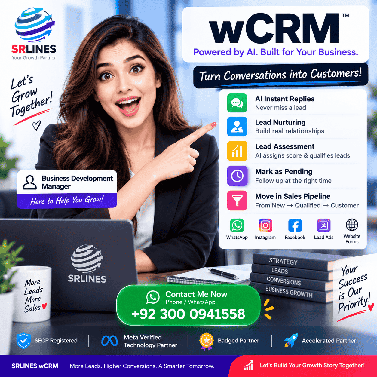 SRLINES business development manager banner featuring wCRM growth solutions